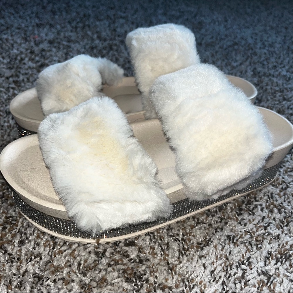 Anna Faux Fur Slide Sandals with Rhinestone Trim